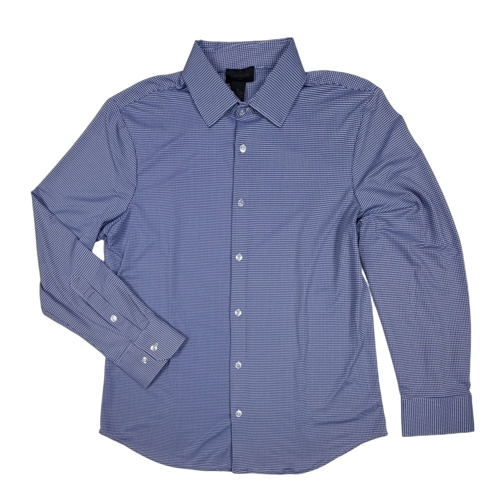 Magaschoni Man Blue Gingham Check Long Sleeve Button Down Shirt Mens Medium